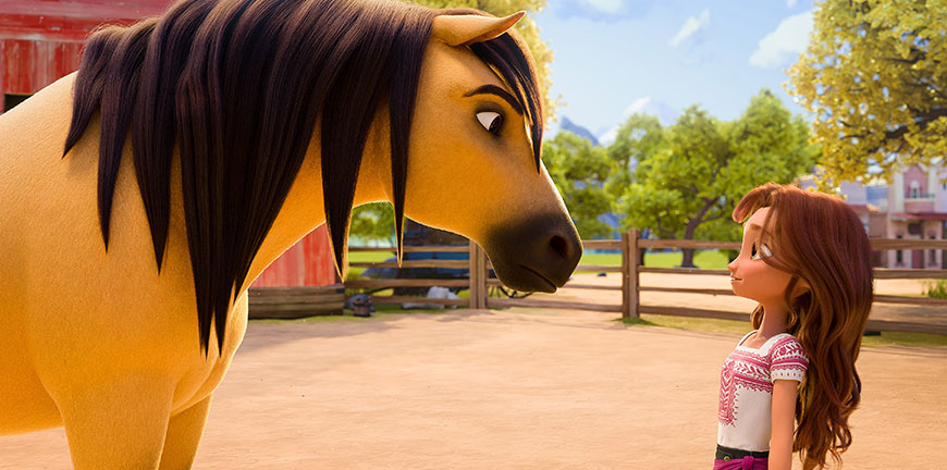 An animated cartoon of a horse and young girl from the movie spirit